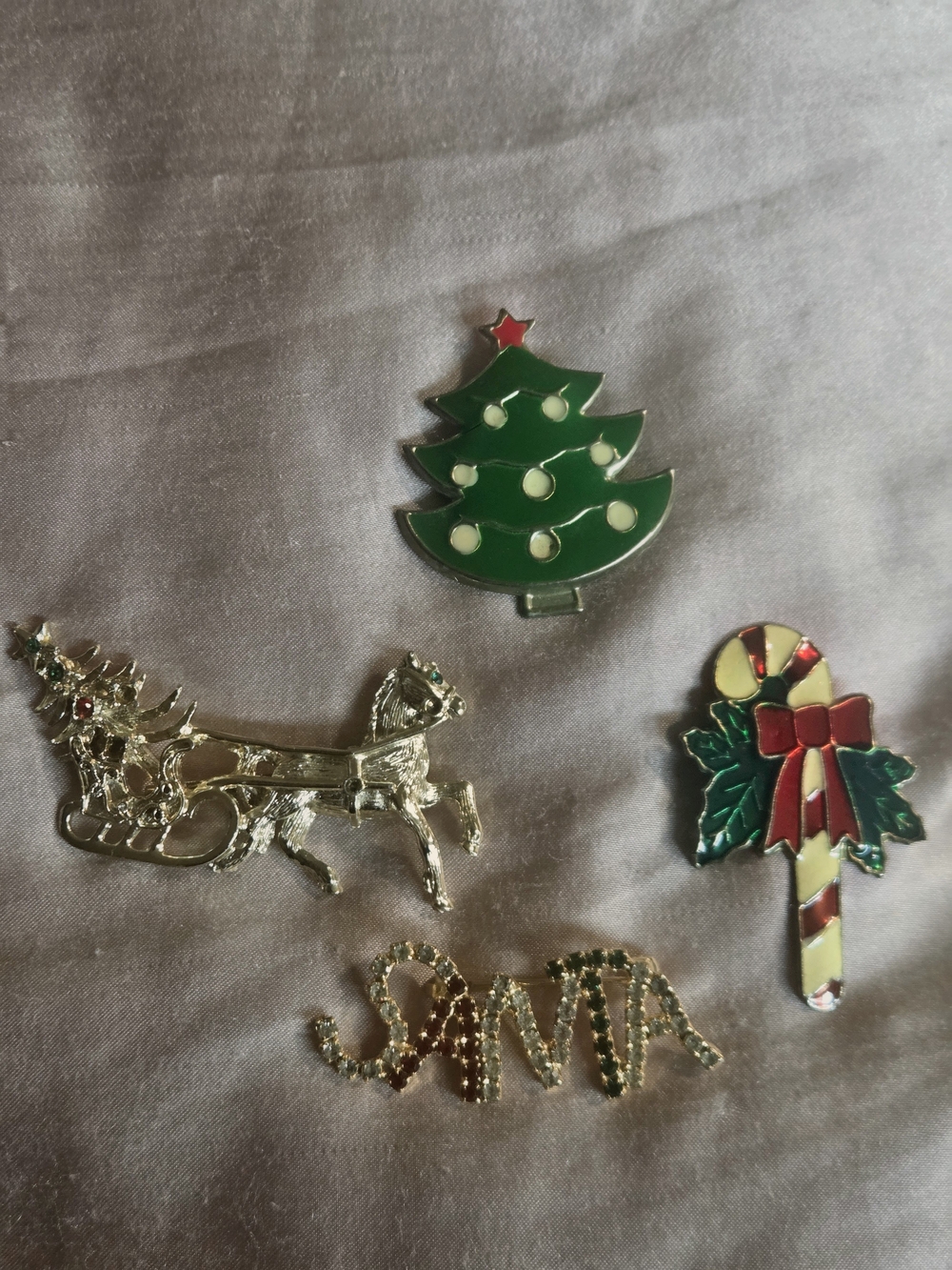 Vintage Festive Christmas Brooches Candy Cane, Sleigh, Tree & Santa Pin Set Of 4